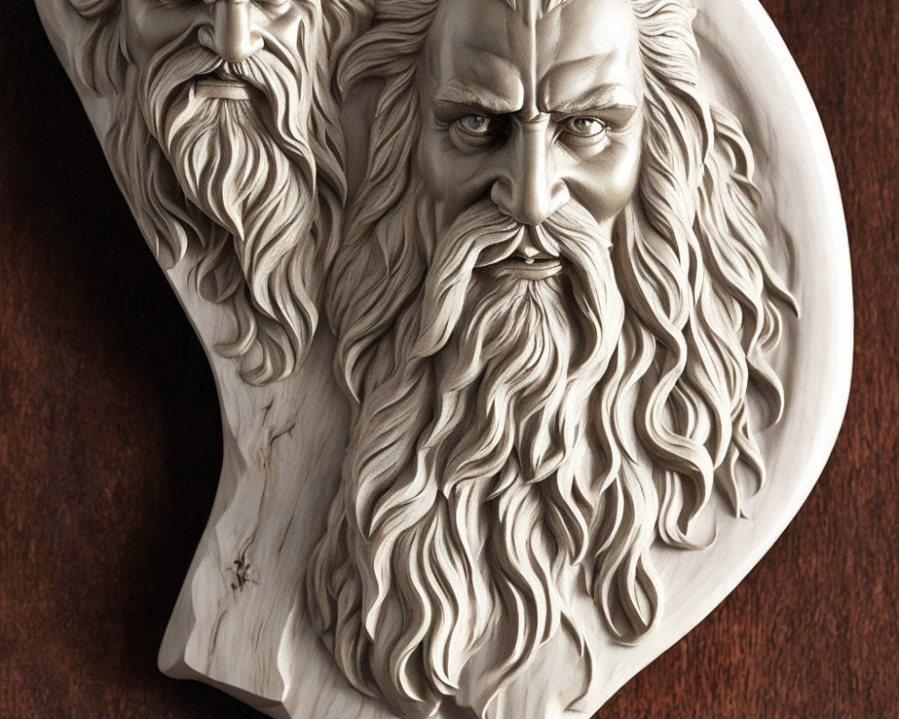 Wooden Carving of Two Bearded Men with Stern Expressions on Dark Wood Background