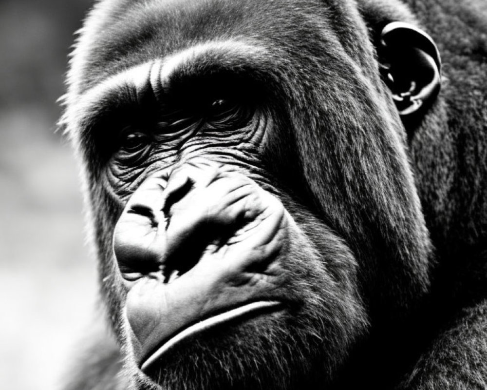 Monochrome close-up of a gorilla's thoughtful face