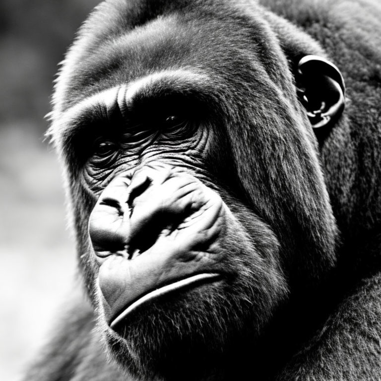 Monochrome close-up of a gorilla's thoughtful face