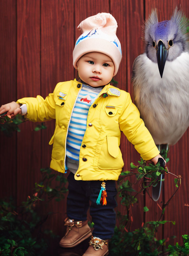 Toddler in Yellow Jacket with Bird Illustration on Red Background