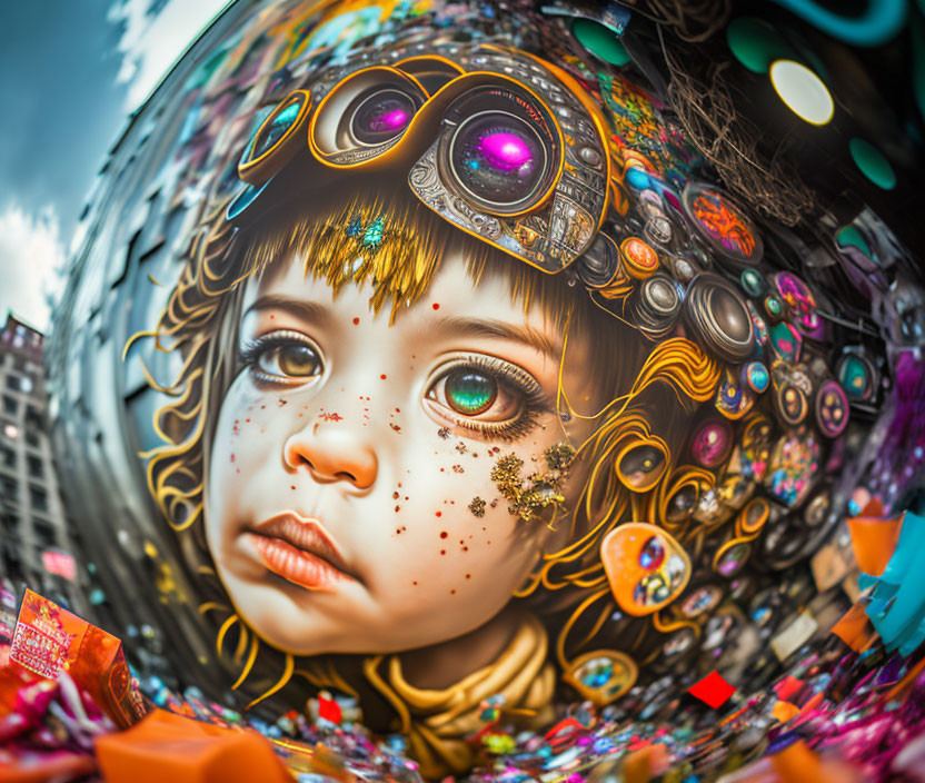 Colorful painting of a child with green eyes and steampunk goggles amid urban setting