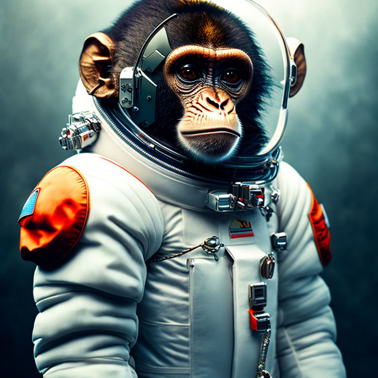 Chimpanzee in Astronaut Suit Against Moody Background