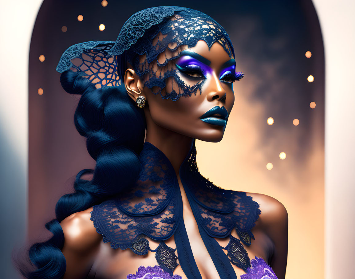 Blue-skinned woman with purple makeup and lace headpiece in digital art portrait