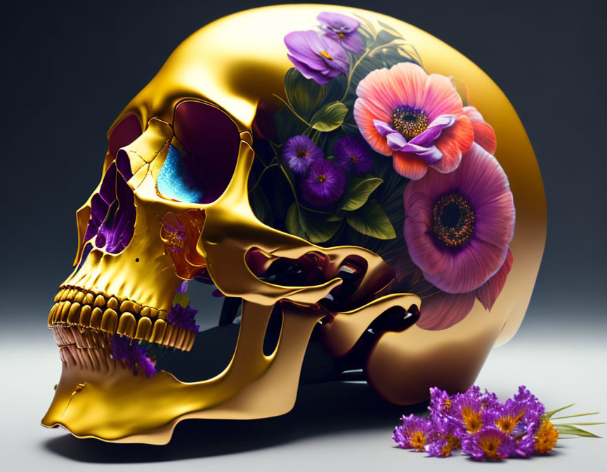 Colorful Flowered Golden Skull on Grey Background