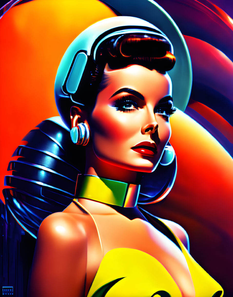 Futuristic woman in retro-futuristic attire with headphones on neon backdrop