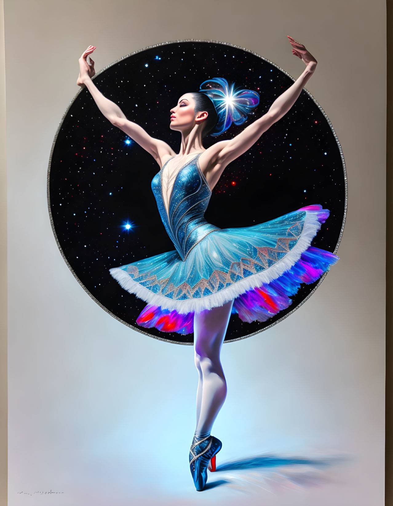 Ballet dancer in cosmic-themed attire poses against galaxy backdrop