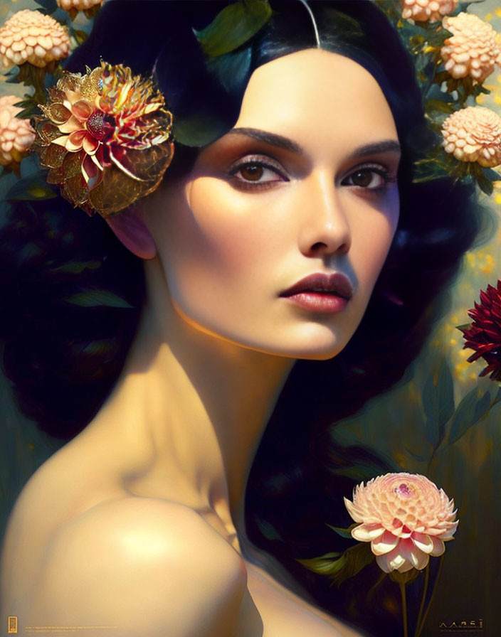 Portrait of Woman with Dark Hair and Striking Eyes Surrounded by Vibrant Flowers