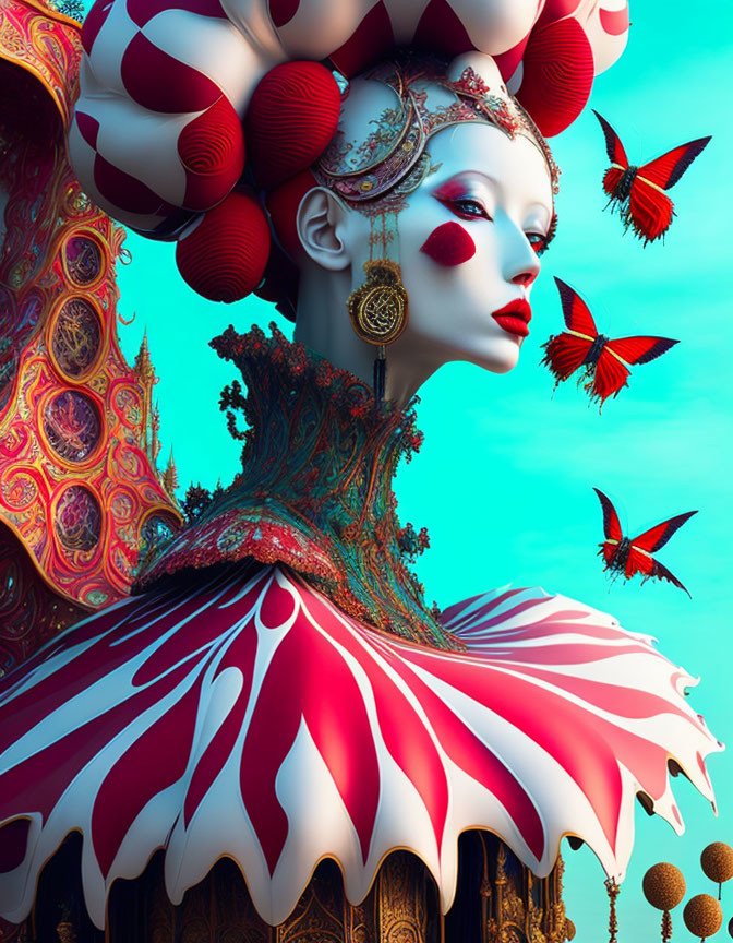 Colorful surreal portrait of woman in red and white attire with butterflies on blue sky