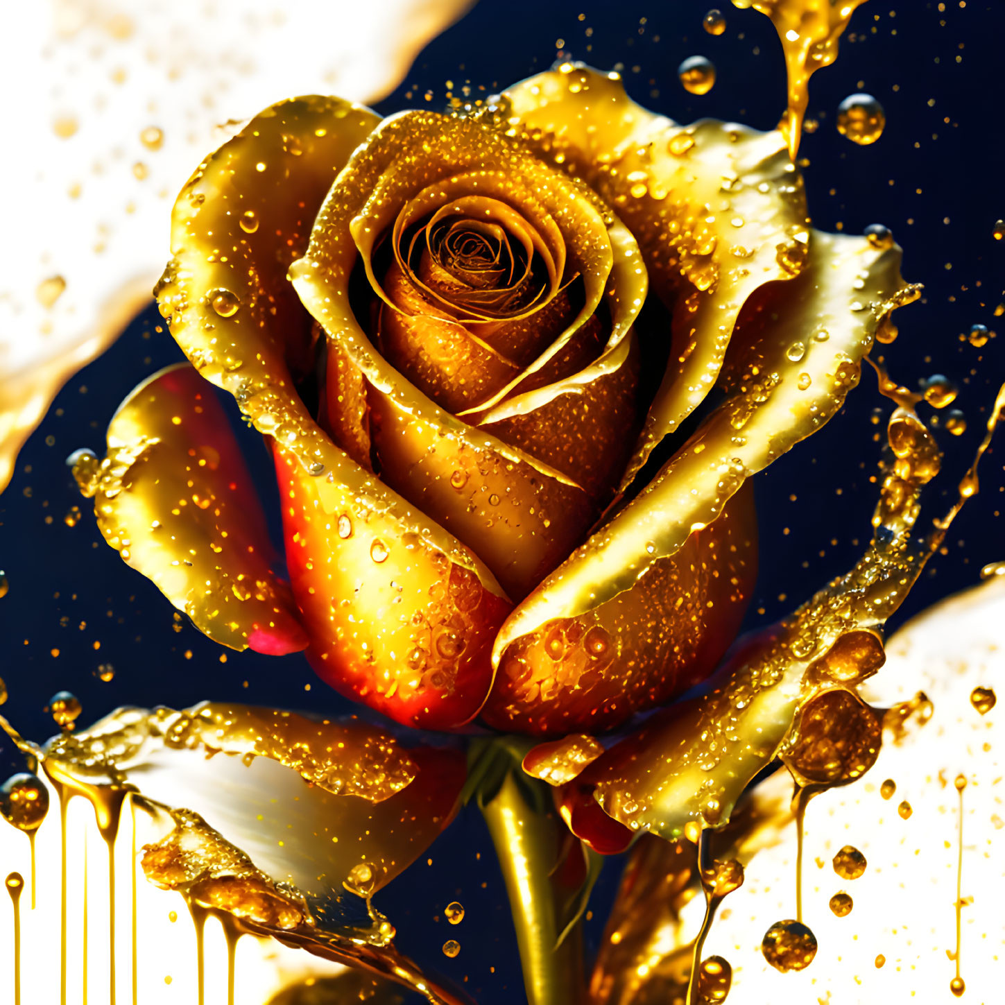 Golden Rose with Dew Drops Surrounded by Liquid Gold on Dark Background