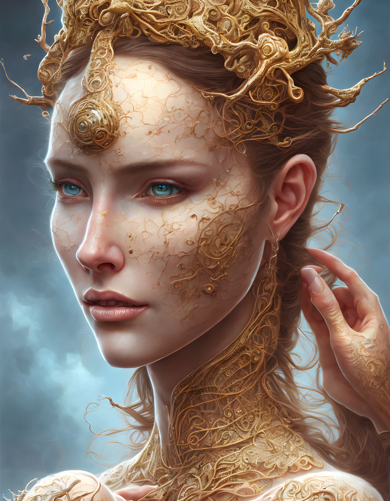 Portrait of woman with gold filigree, blue eyes, golden crown against cloudy sky