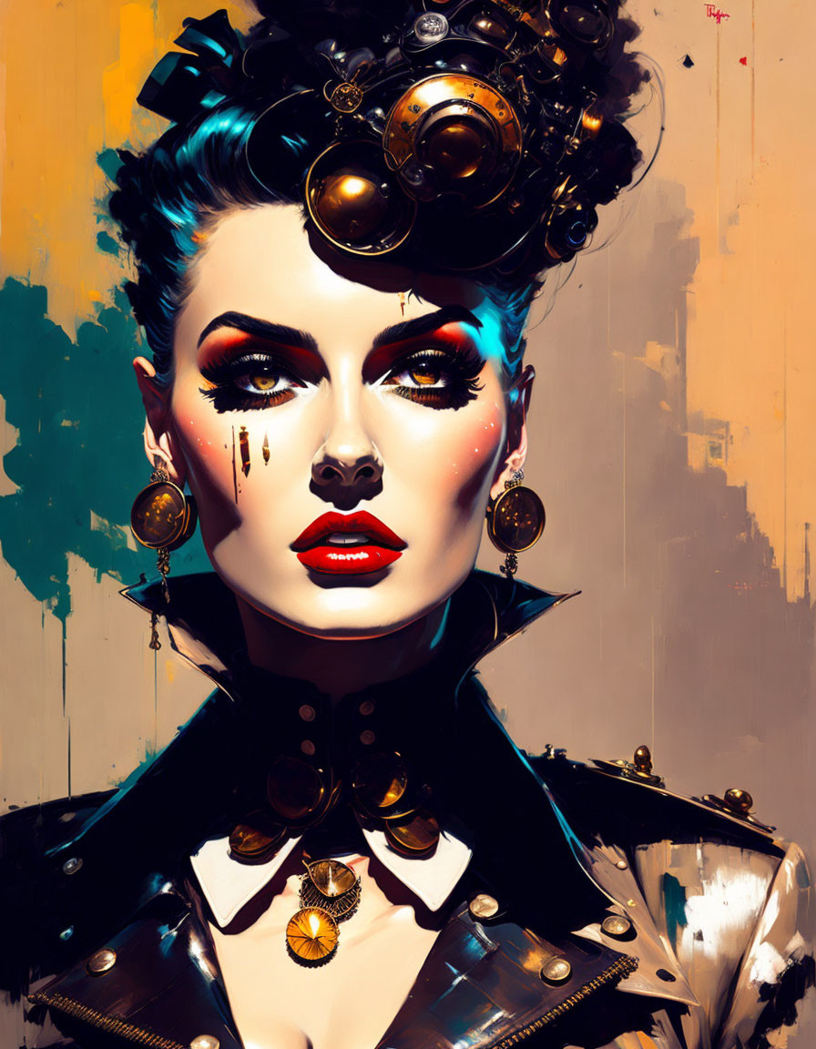 Steampunk-themed digital portrait of a woman with mechanical hair gears and bold makeup.