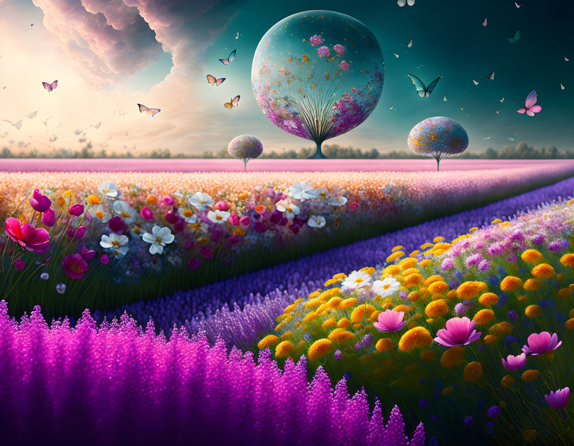 Colorful surreal landscape with floating floral spheres and butterflies at sunrise or sunset