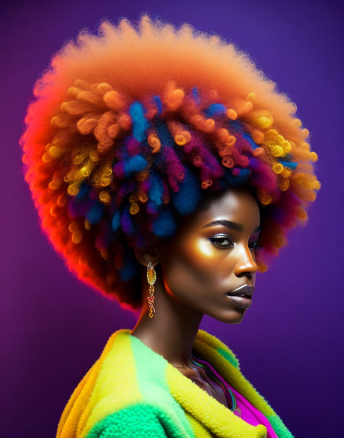 Vibrant multicolored afro hairstyle and striking makeup against purple background in yellow coat