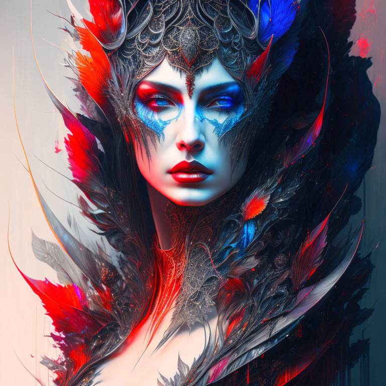 Vibrant Woman Portrait with Feathered Headdress in Red and Blue