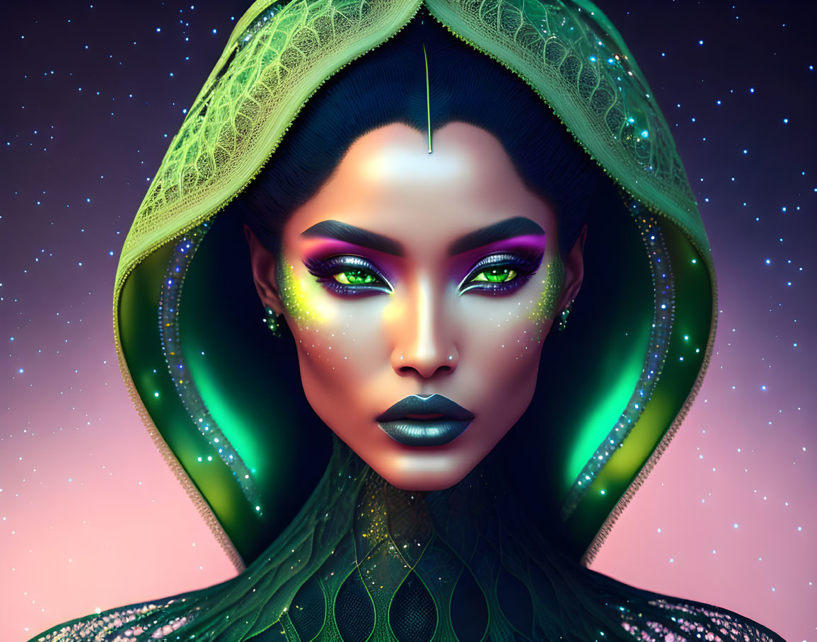 Woman with Green Eyes and Cobra Headgear in Starry Night Scene