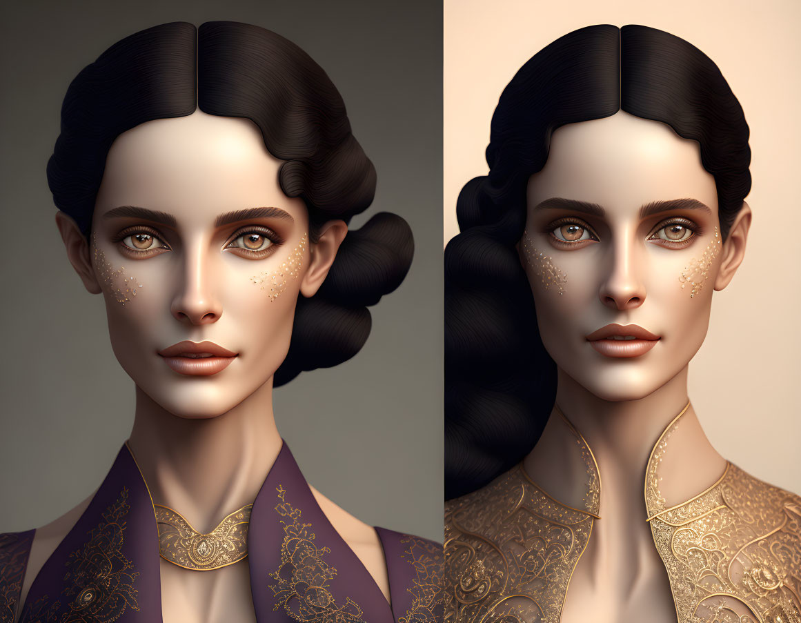 Symmetrical woman with dark hair and golden freckles in ornate attire captured in two similar portraits