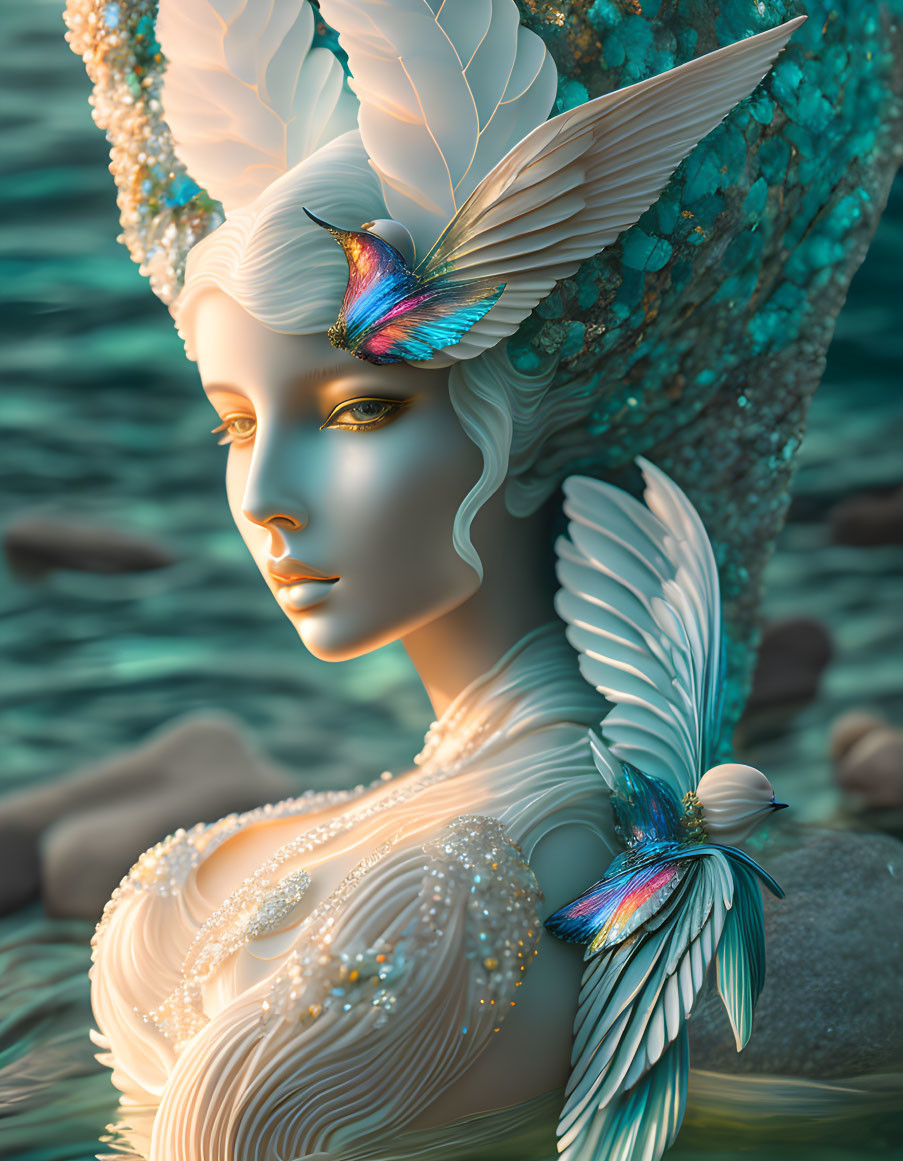 Iridescent winged figure with bird-like features in turquoise setting