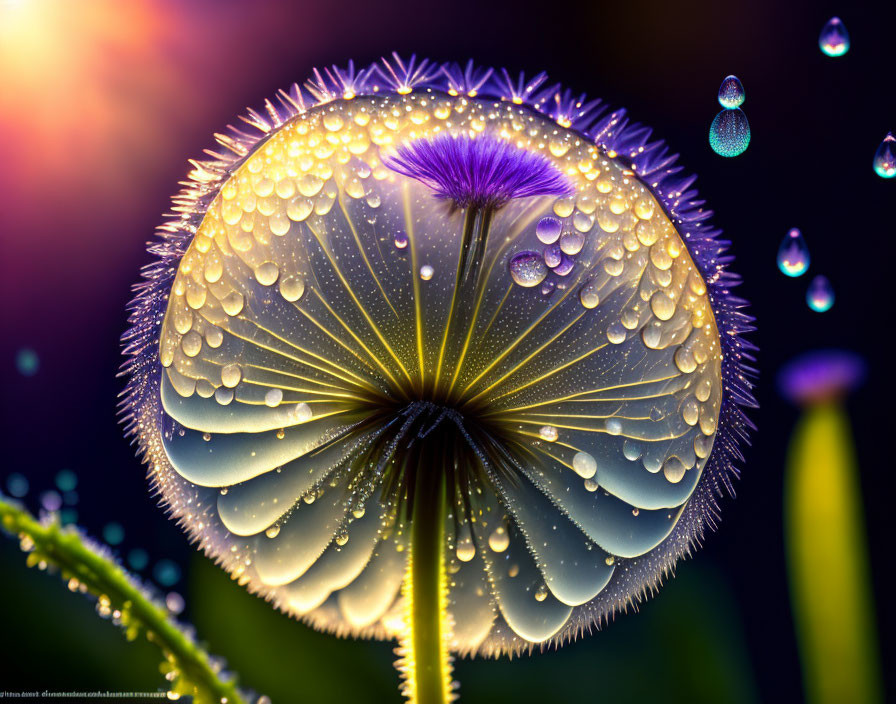 Dewy dandelion with bokeh lights in purples, oranges, and greens