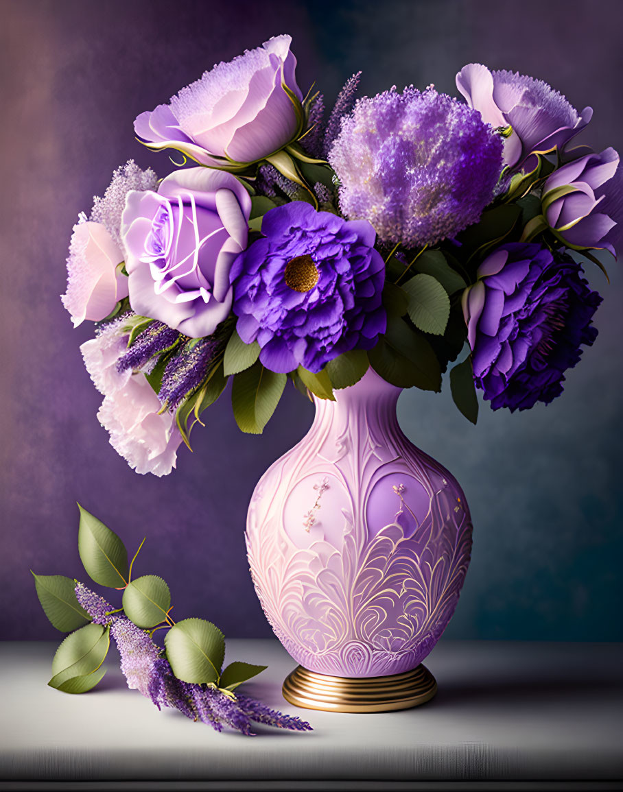 Purple Roses and Lilacs Bouquet in Ornate Vase with Sprig