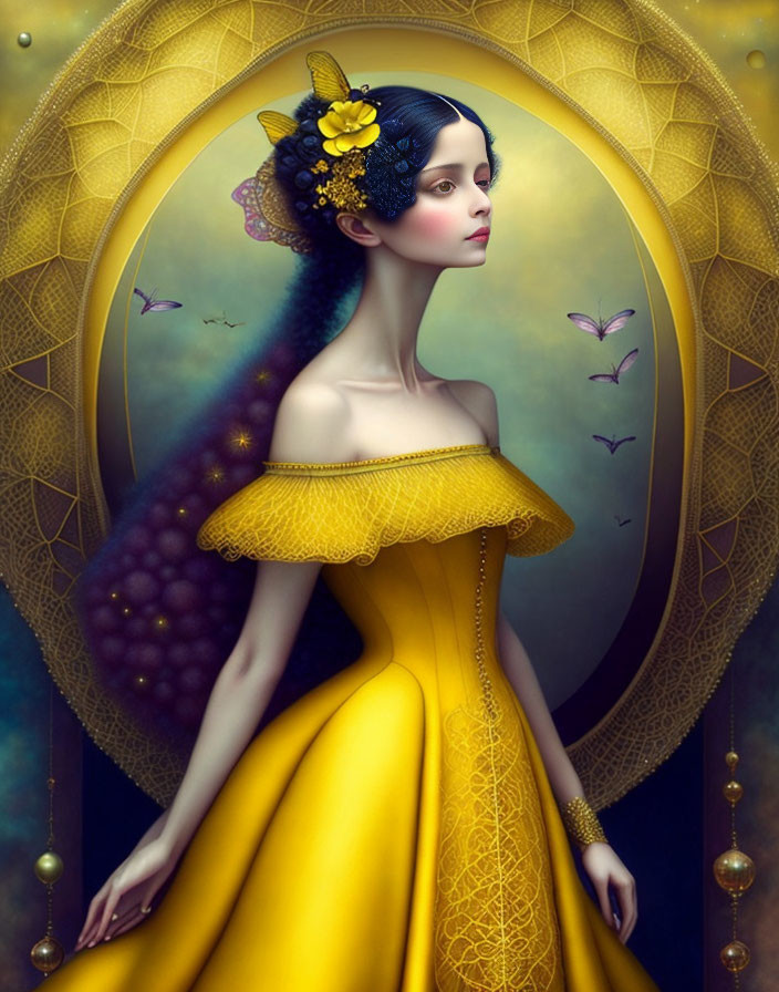 Graceful woman in yellow gown with golden halo, surrounded by orbs and butterflies.