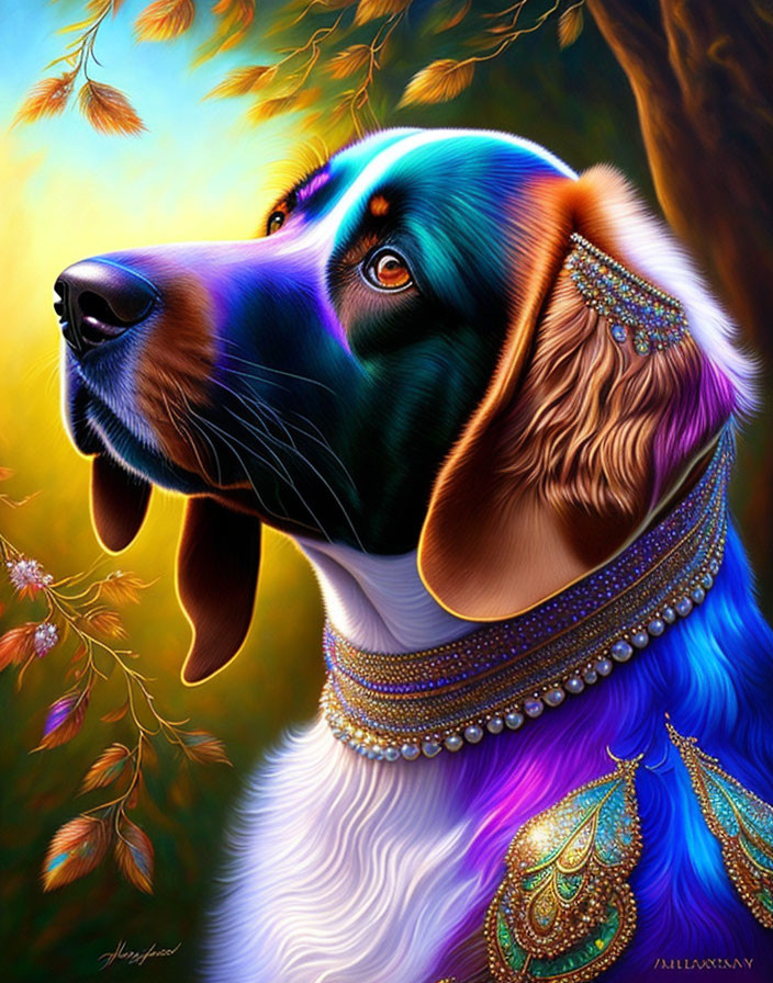 Colorful Dog Portrait with Jeweled Collar in Autumn Scene