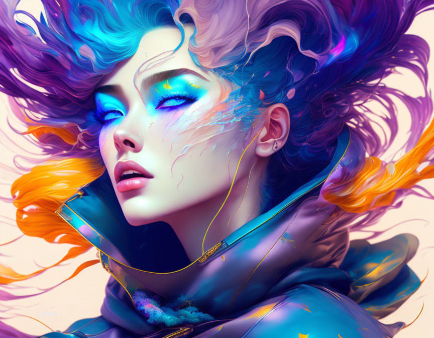 Vibrant digital artwork of a woman with blue and purple hair in a sleek jacket