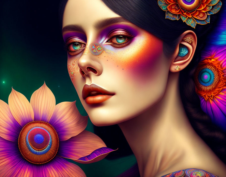 Digital Artwork: Woman with Vibrant Makeup and Floral Designs