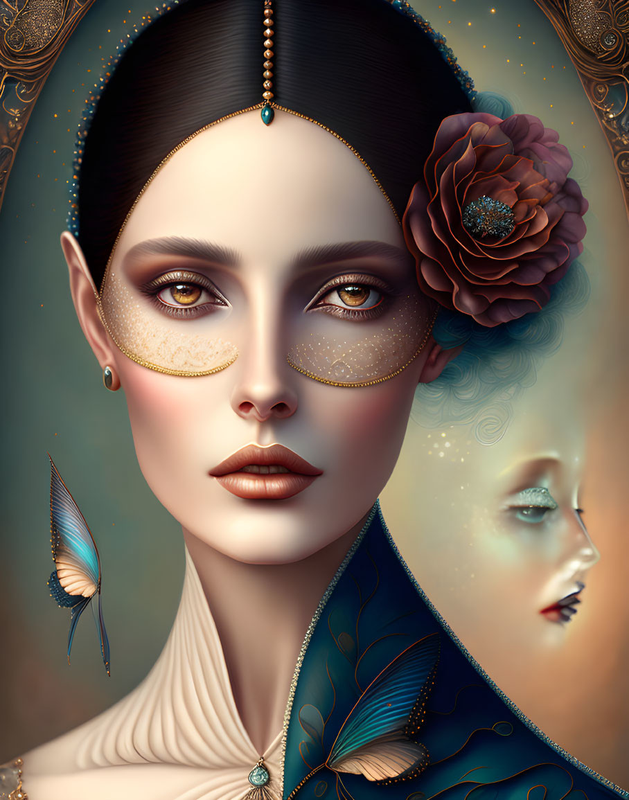 Digital artwork featuring woman with gold eye accents, jewel forehead piece, flower, butterfly, and faint vis