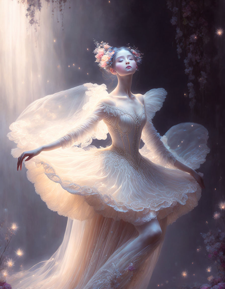 Elegant figure in white gown with feathered shoulders in mystical setting