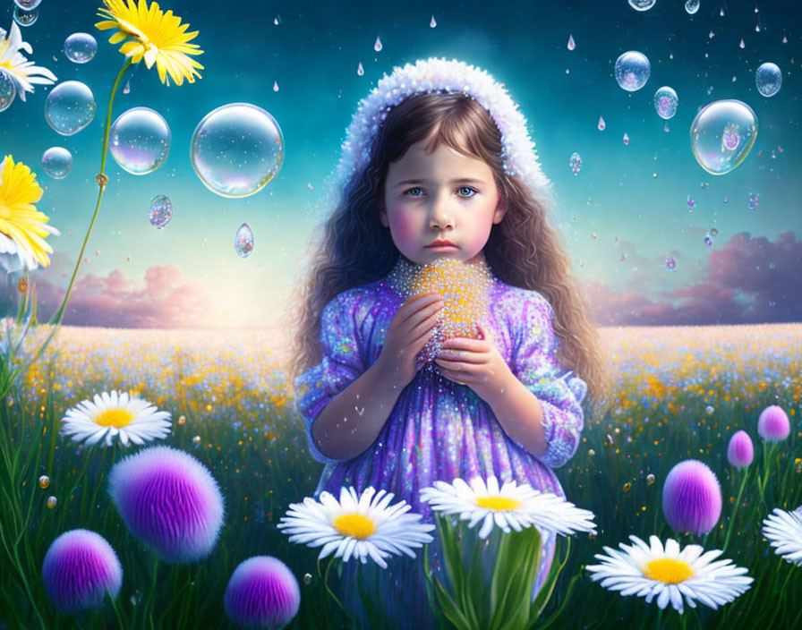 Girl in purple dress surrounded by daisies and bubbles at twilight