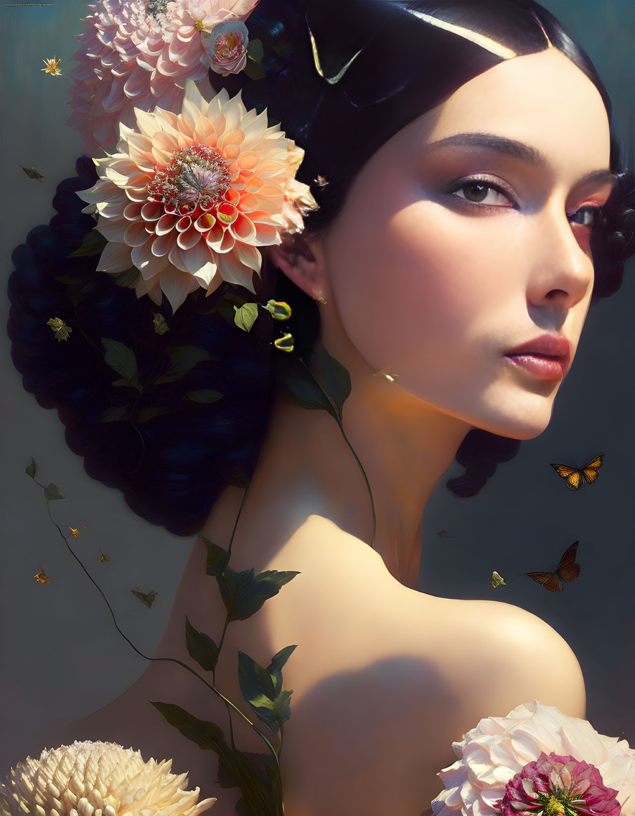 Woman's portrait with flowers and butterflies for a serene, nature-inspired look