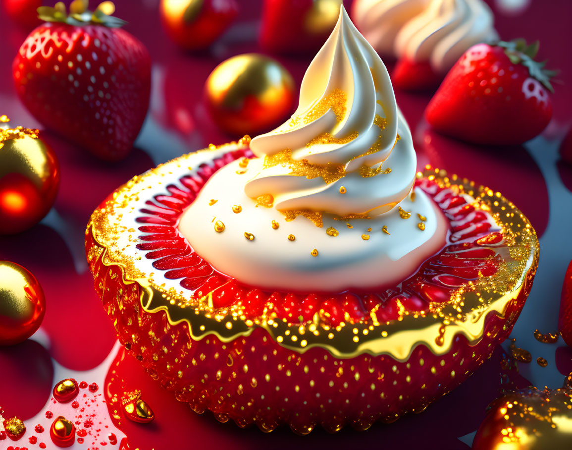 Golden-detailed strawberry with creamy topping and glossy orbs