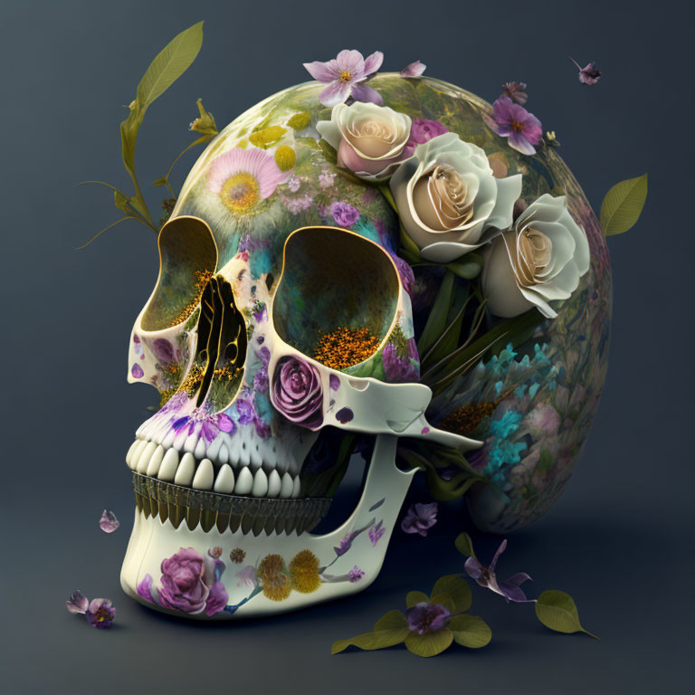 Colorful Floral Adorned Human Skull on Dark Background