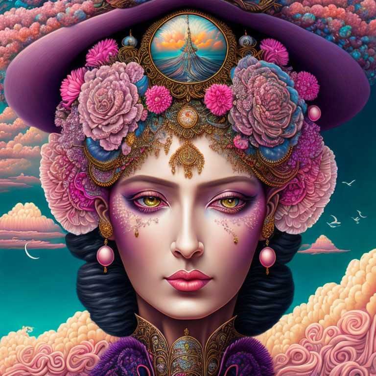 Colorful woman with intricate headwear in front of pink clouds