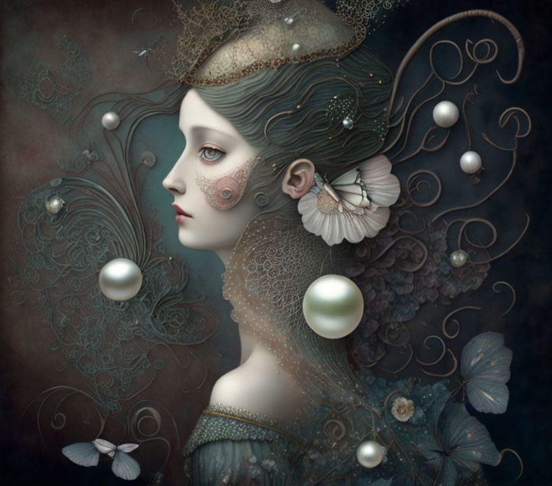 Whimsical surreal portrait of a woman with jellyfish hat and filigree patterns