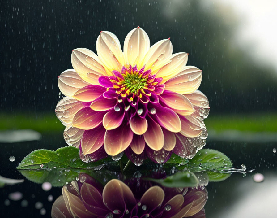 Colorful flower with dew drops in rain against dark backdrop