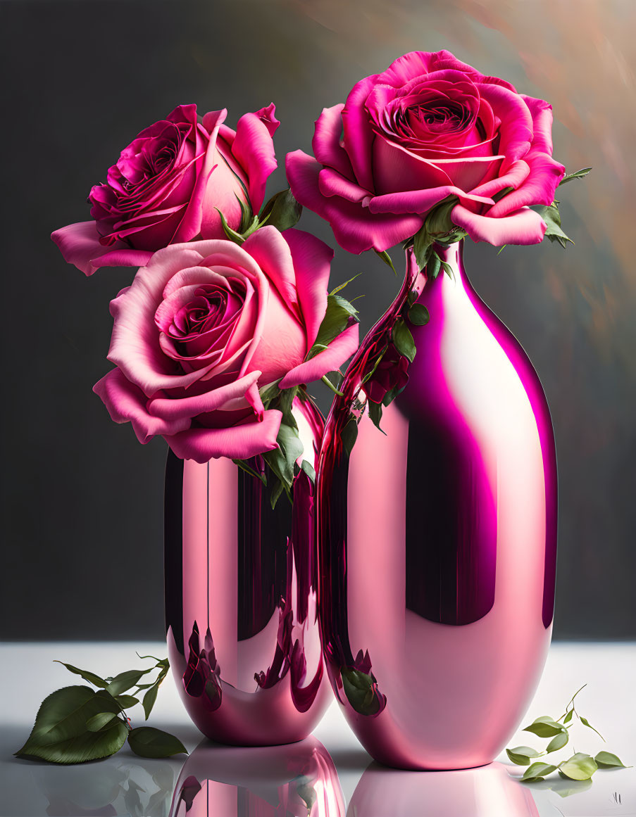 Three Pink Roses in Reflective Vase on Petal-Strewn Surface