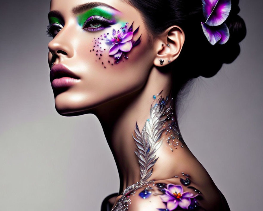 Woman with Purple Flower and Butterfly Makeup Design