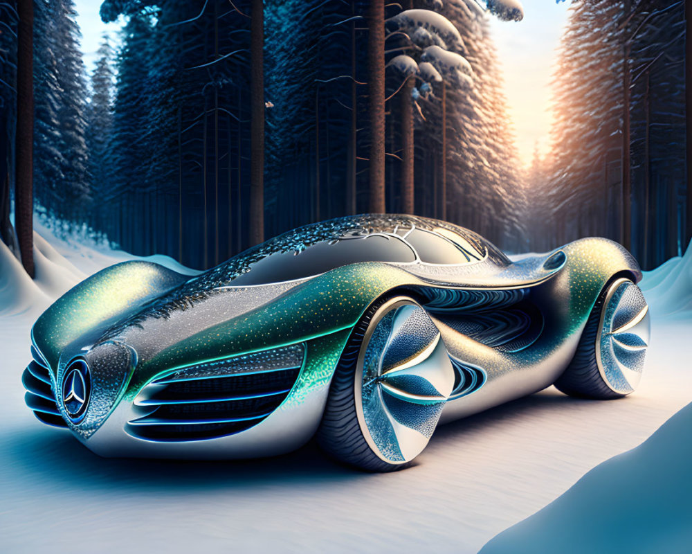 Sleek Mercedes Concept Car in Snowy Forest at Dusk