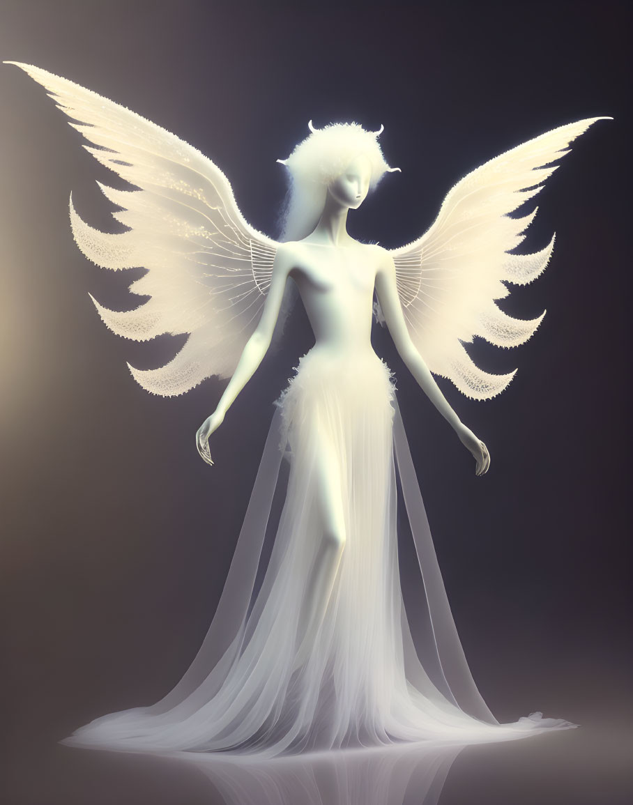 Ethereal figure with glowing wings and elegant gown