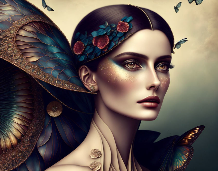 Illustrated woman with peacock feathers, floral headband, and butterflies.