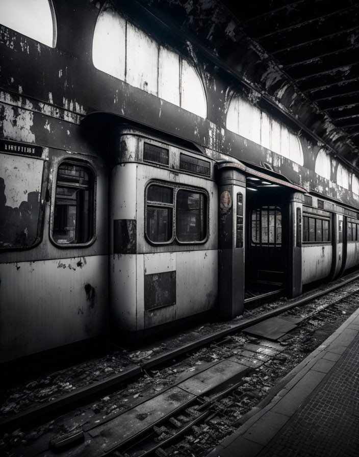 Dimly-lit, grungy train station with worn-out train