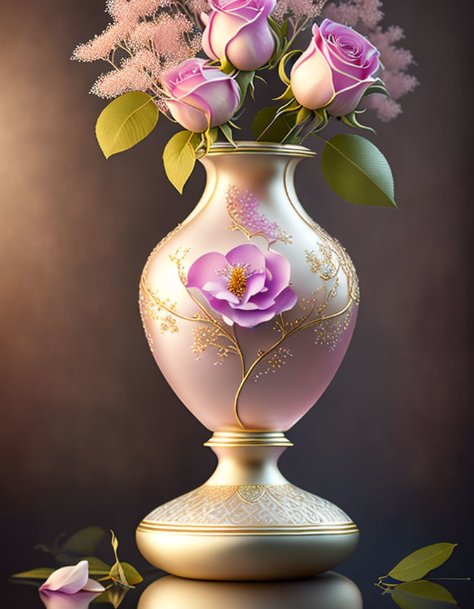 Ornate vase with pink roses and delicate flowers on gradient brown background