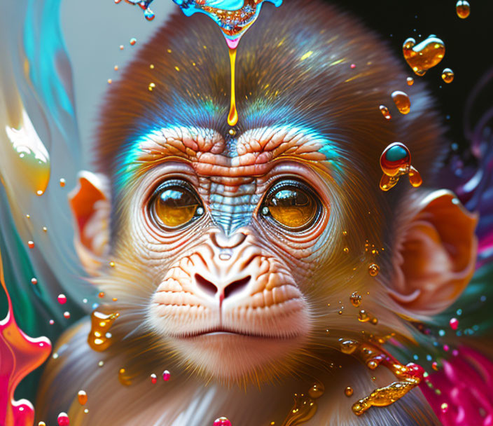 Colorful Hyper-Realistic Monkey Face Illustration with Liquid Splashes