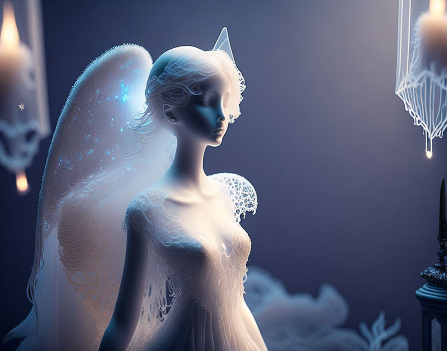 Woman with angel wings and unicorn horn in mystical blue ambiance