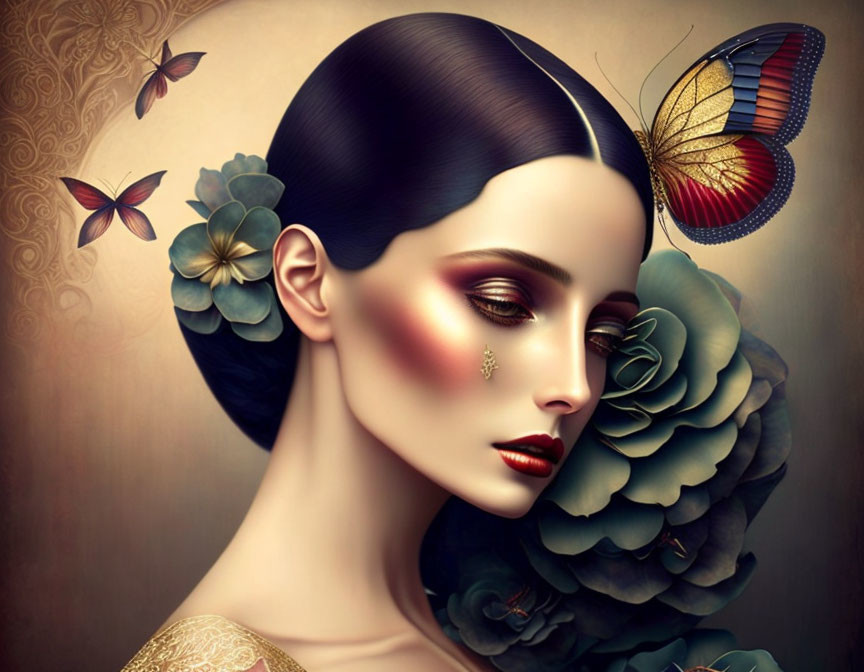 Stylized portrait of woman with dark hair, vibrant makeup, butterfly, and flowers