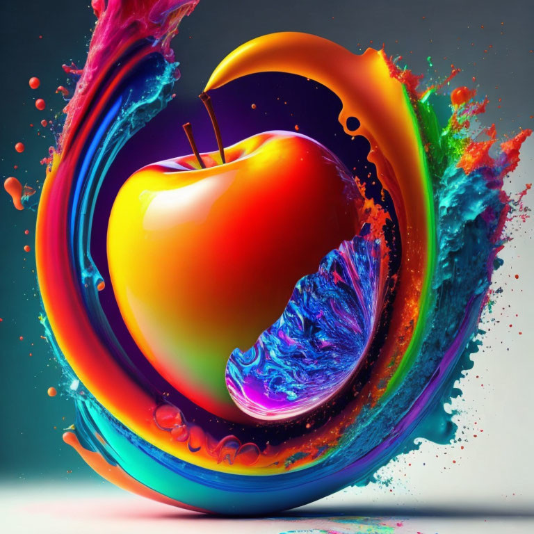 Colorful digital artwork: Red apple in swirling liquid splash