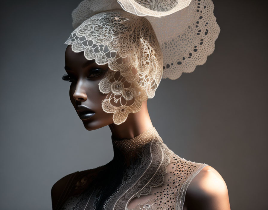 Mannequin head with lace headdress and collar on grey background