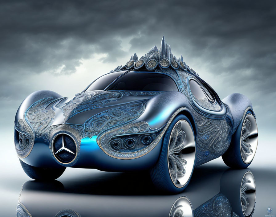 Ornate jewelry-inspired Mercedes-Benz vehicle under stormy sky