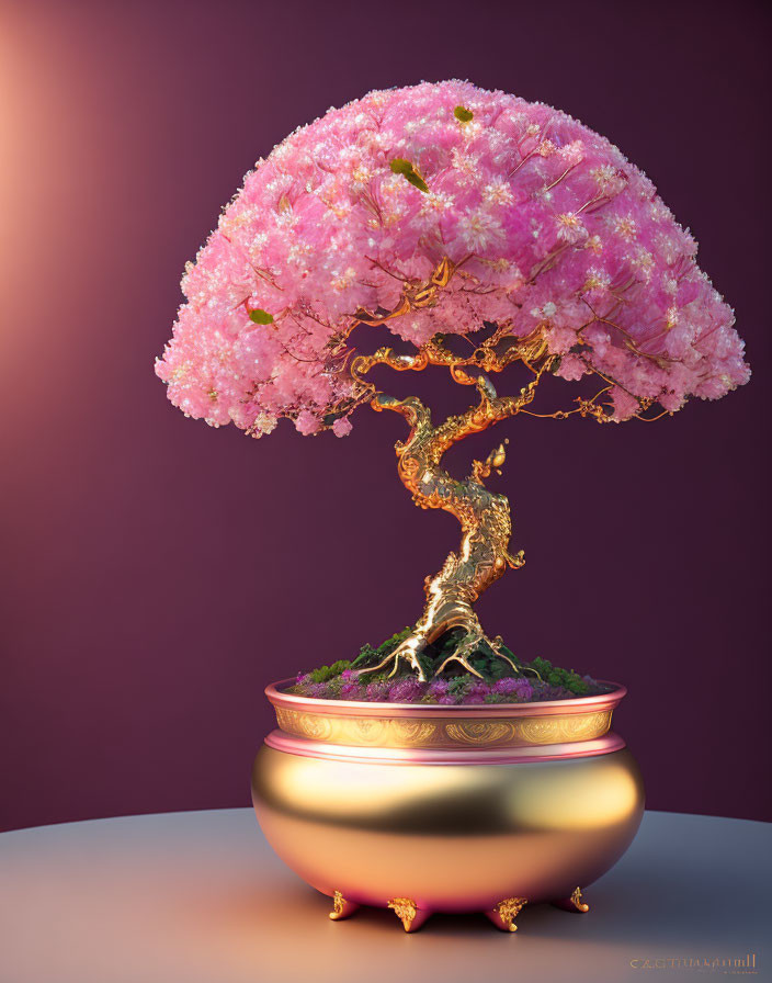 Vibrant pink cherry blossom bonsai tree in golden bowl on purple backdrop